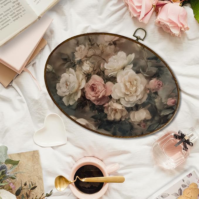 JQF Vintage Rose Floral Oval Wall Decor, Cottagecore Floral Oval Canvas Wall Art, Rustic Moody Botanical Flower Framed Prints Hanging Decor for Home Bedroom Living Room, 11.5x8.5 Inch