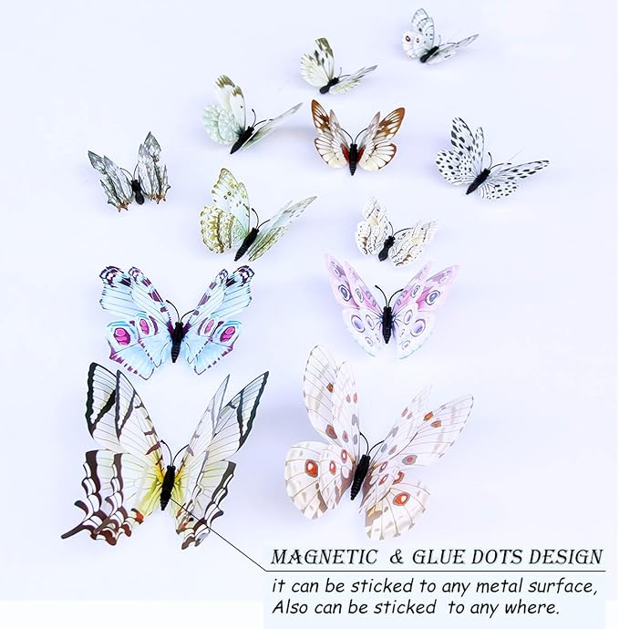 Butterfly Wall Decor 72 PCS, 3D Butterflies Stickers for Party Decorations with Magnets (White, 72)