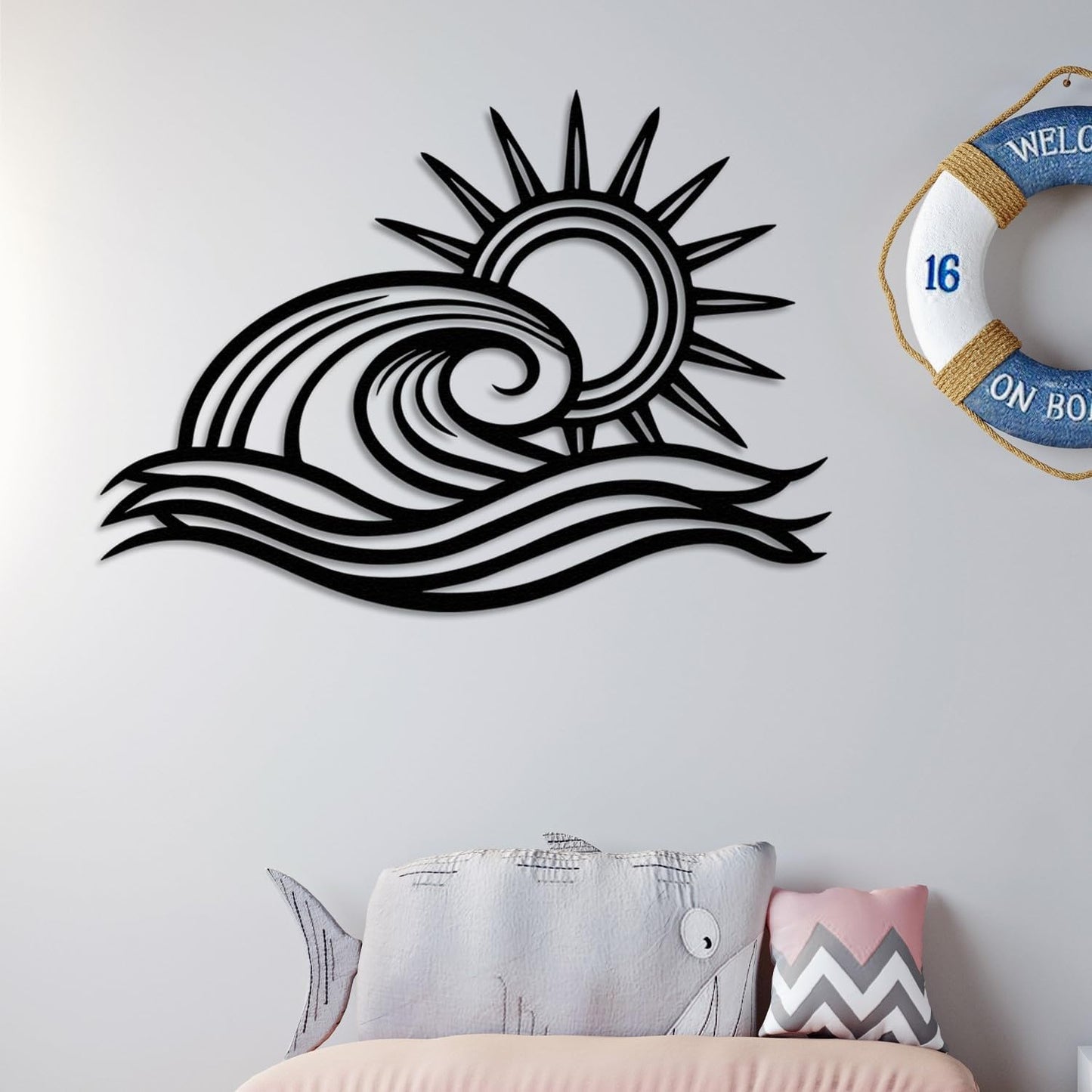 Wita Home Ocean Wave Metal Wall Art, Sun Beach Decor, Coastal Large Wall Sculpture for Home, Indoor/Outdoor Use, Nautical Wall Hanging, Eye-Catching Addition to Living Room (Silver, 48 x 28 inches)