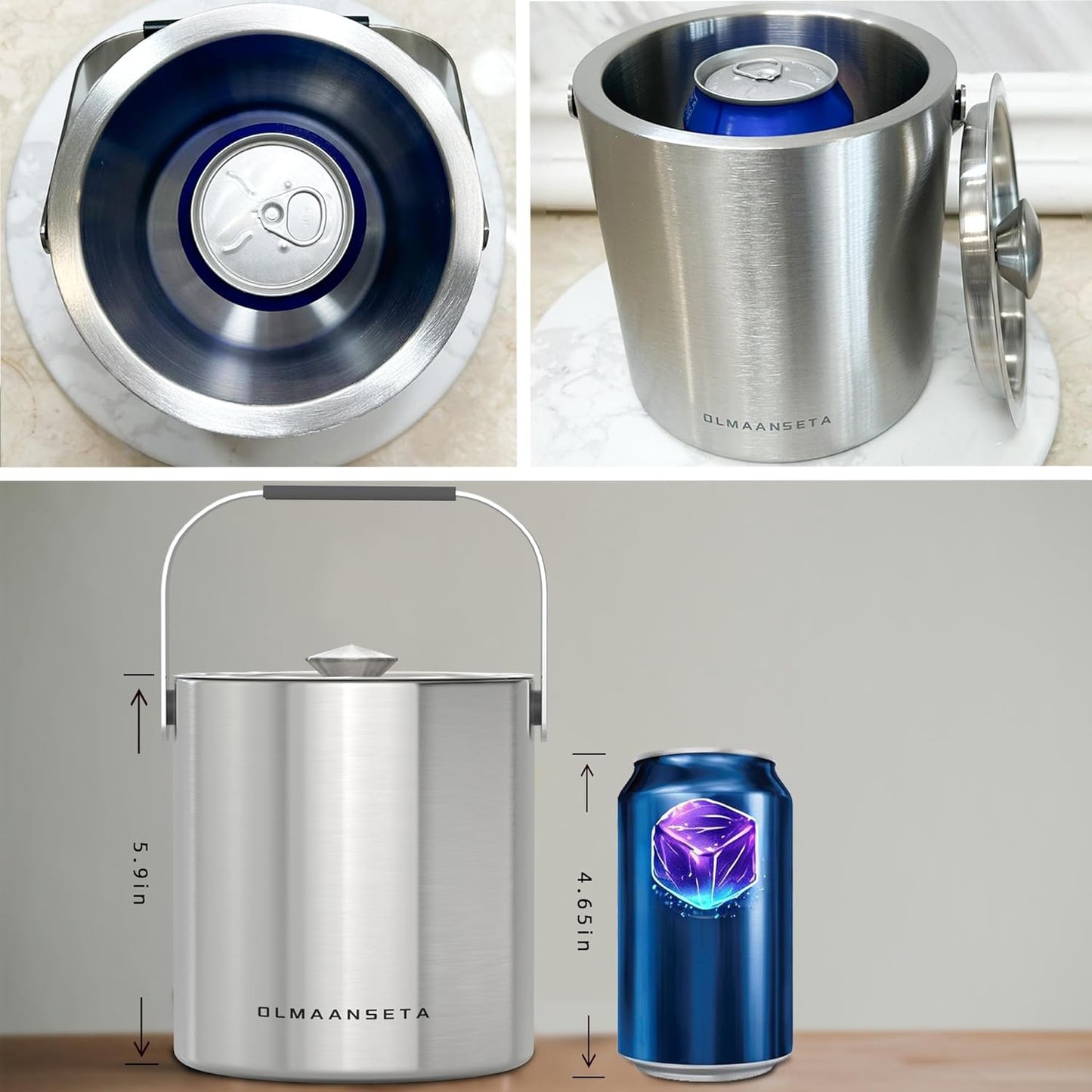 Small Ice Bucket with Lid and Tongs,1.3L Portable Mini Double Walled Ice Cube Bucket for Cocktail Bar Stainless Steel Cute Insulated Ice Buckets for Parties