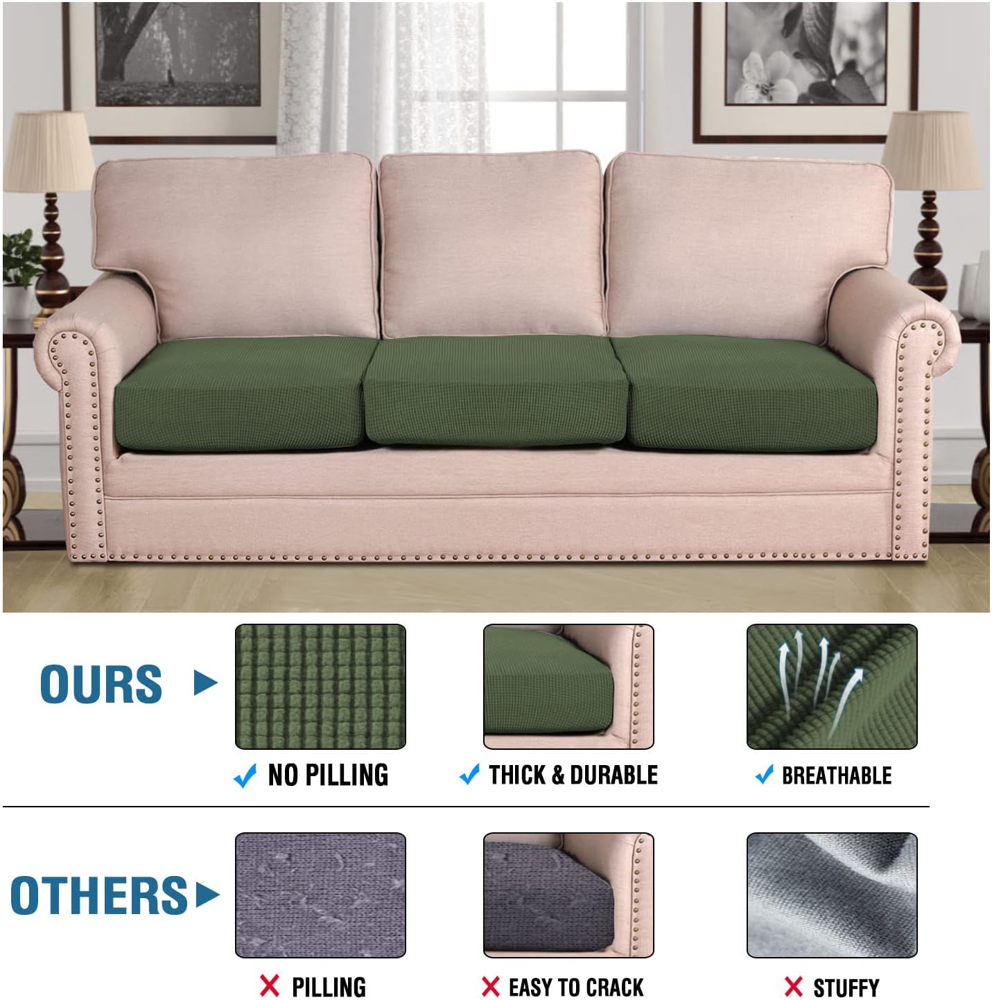 H.VERSAILTEX Super Stretch Individual Seat Cushion Covers Sofa Covers Couch Slipcover Sets Thick Jacquard Textured Twill Fabric (3 Piece Sofa Cushion Covers, Bronze Green)
