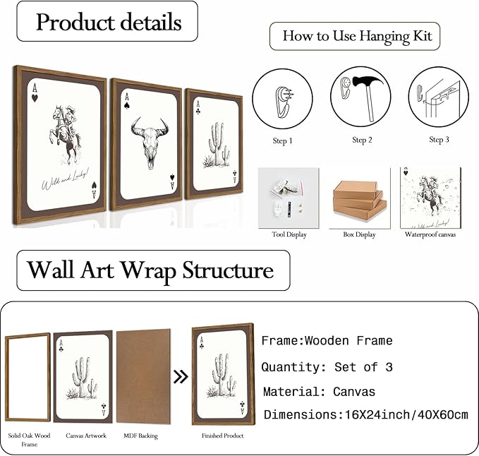 Western Cowboy Wall Art Set of 3, Vintage Cowgirl Rodeo Decor Painting, Southwestern Rustic Aesthetic Artwork Canvas Prints for Living Room Bedroom Farmhouse 16x24 inch Wood Framed