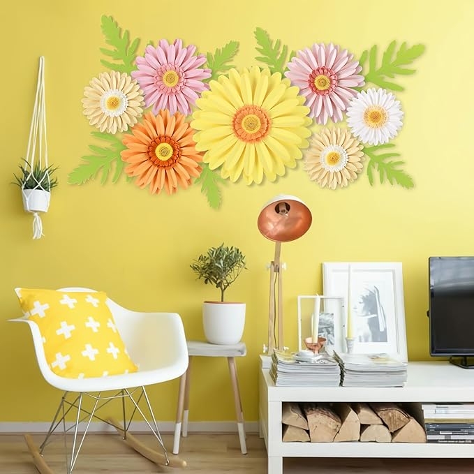 SUNBEAUTY Paper Flowers Decorations for Wall 3D Giant Daisy Artificial Flowers Bulletin Board Decoration Floral Paper Flowers Hanging for Spring Classroom Office Decor Wedding Baby Shower Garden Party