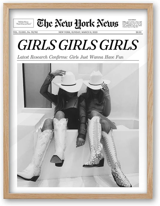iHery Girls Just Wanna Have Fun Framed Trendy Cowgirl NewsPaper Wall Art, Small 8x10in Natural OAK Wood Black and White Canvas Wall Decor For Bedroom Dorm Living Room,Vintage Bar Car Home 1Pack