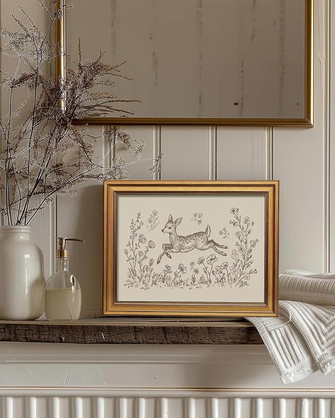 InSimSea Gold Framed Canvas Prints Wall Art, Vintage Nursery Decor, Deer in the Flowers Animal Line Paintings Wall Decor Aesthetic, Neutral Pictures for Bedroom Living Room Shelf, 12x16inch