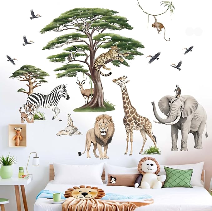 Woodland Animal Wall Decals for Baby: Safari Theme Peel and Stick Vinyl Wall Stickers for Kids Room Children Ages 0-12 Years