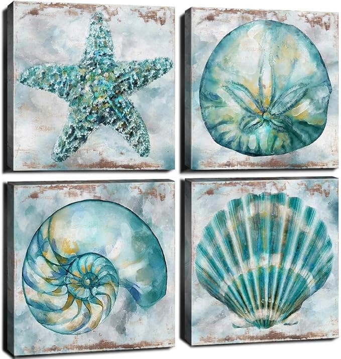 Farmhouse Seashell Bathroom Decor Teal Blue Beach Starfish Wall Art Modern Rustic Coastal Artwork for Walls Watercolor Aqua Sea Conch Shells Pictures Canvas Print Bedroom Kitchen Decorations 12x12" 4P