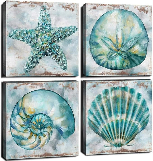 Farmhouse Seashell Bathroom Decor Teal Blue Beach Starfish Wall Art Modern Rustic Coastal Artwork for Walls Watercolor Aqua Sea Conch Shells Pictures Canvas Print Bedroom Kitchen Decorations 12x12" 4P