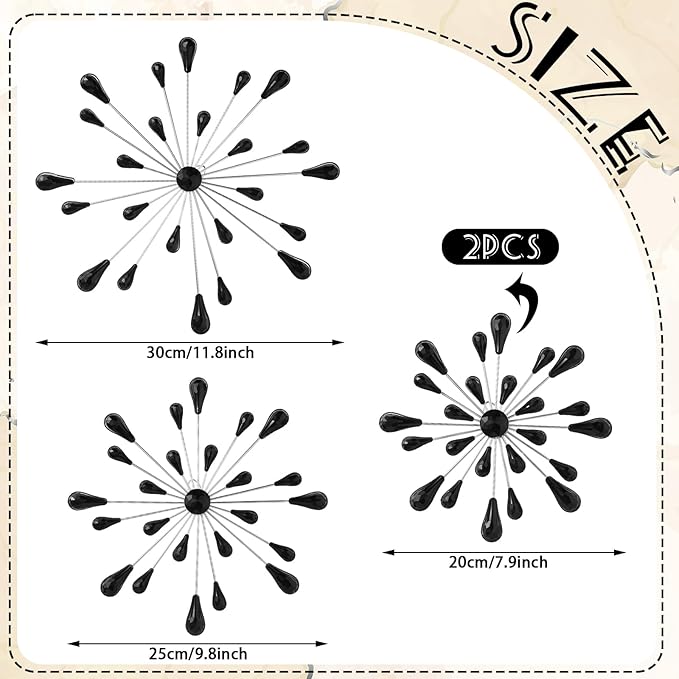 Hicarer 4 Pcs Starburst Wall Decor Bling Wall Art Crystal Teardrop 3D Hanging Rhinestone Radial Metal Artwork Modern Accent Sculptures Decorations for Living Room Home Office Bedroom(Black Diamond)