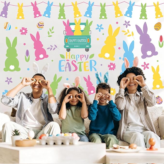 Happy Easter Bunny Wall Decals, 9 Sheet Easter Colorful Rabbit Wall Stickers Removable for Home Classroom Office Wall Decorations