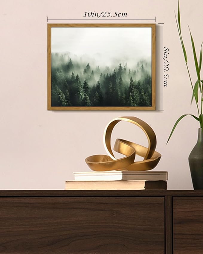 SHENIFY Green Fog Pine Tree Forest Vintage Framed Wall Art Modern Landscape Scenery Farmhouse Artwork Prints Decor for Kitchen Living Room Bedroom Bathroom - 8x10in Natural Framed
