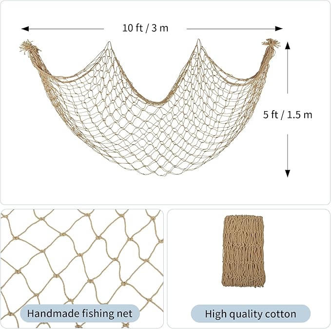 Decorative Fishing Net 1 Pack, 5x10 ft Large Caramel Fish Net Decor for Wall, Photo Display, Nautical Mermaid Pirate Ocean Themed Beach Hawaii Under The Sea Party Decorations