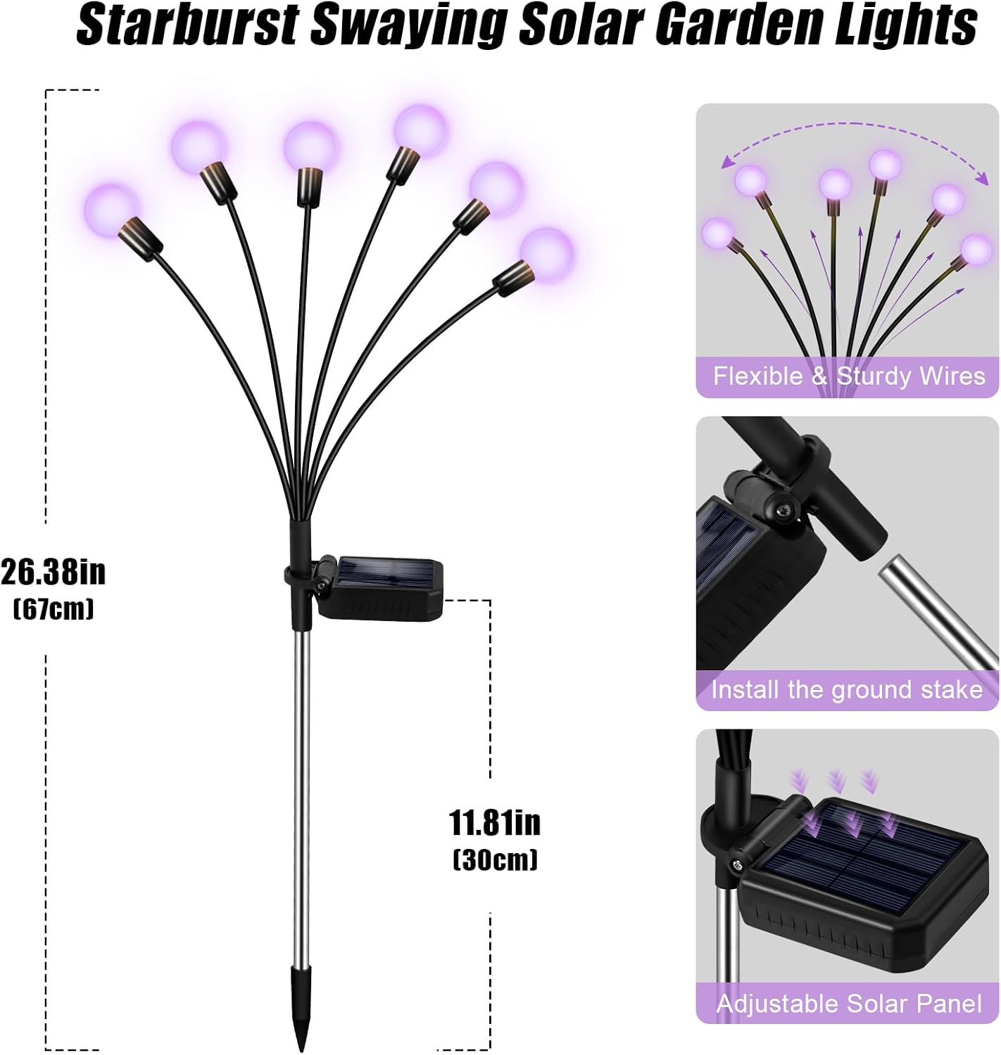 Solar Lights Outdoor Garden Purple – 36 LEDs Solar Firefly Lights, Purple Swaying Lights Outdoor Waterproof, 6 Pack 6 Heads Garden Decorative for Yard Patio Pathway Lawn Decorations