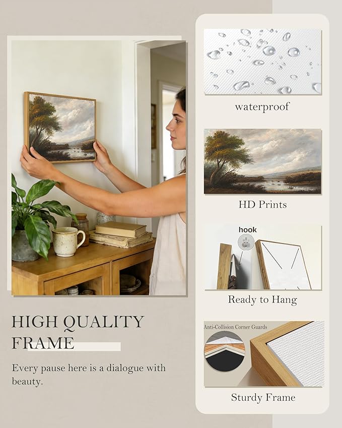 SHENIFY Vintage Landscape Framed Wall Art Riverside Scenery Farmhouse Decor Retro Boat Travel Painting for Kitchen Living Room Bedroom Bathroom - 11x14in Natural Framed