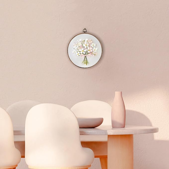 Vintage Pink Bow Floral Bouquet Round Wall Art Framed, White Floral Round Wall Decor, Vintage Flower Hanging Canvas Prints Wall Sculptures for Home Bedroom Living Room Decor, 10x10 Inch