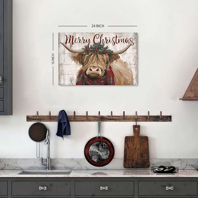 Funny Highland Cow Canvas Wall Art Merry Christmas Wall Decor Christmas Farmhouse Cow Prints Poster Rustic Farm Animal Painting Pictures Western Artwork for Living Room Kitchen Home Decorations 16x24"