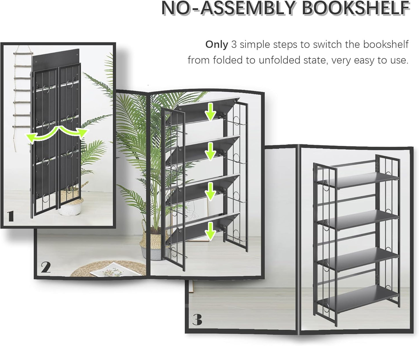 4NM No Assembly 4 Tiers Folding Bookshelf, 47.2" H Foldable Storage Shelves Vintage Bookcase Standing Racks Study Organizer Home Office - All Black