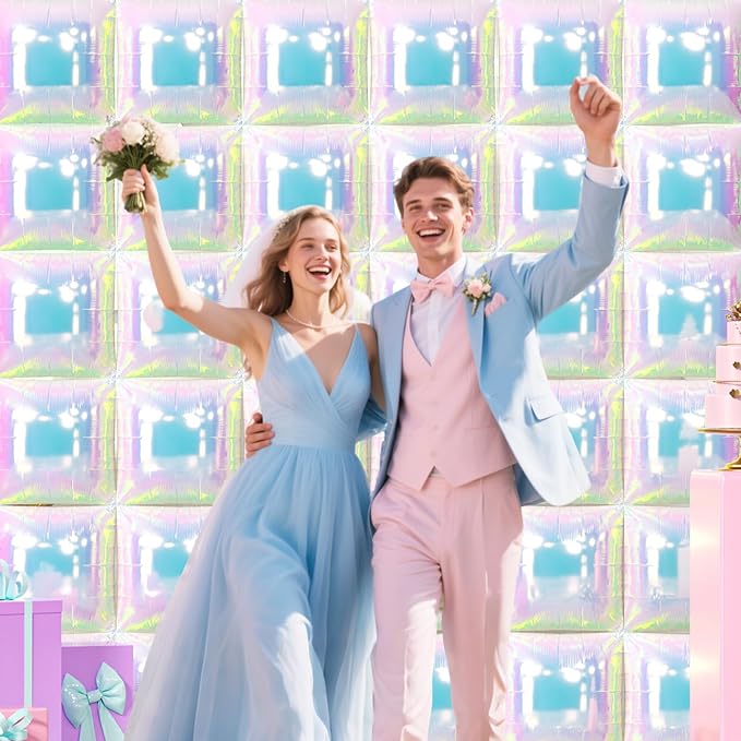 NISOCY 36PCS Iridescent Square Foil Balloons Wall Backdrop Holographic Balloons Tunnel Garland Arch Kit for Birthday Wedding Graduation Bridal Baby Shower New Year Rainbow Party Decorations