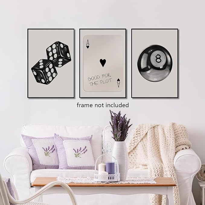 BOKPEN 3Pcs Black and White Poker Dice Wall Art Funky Retro Y2K Trendy Preppy Pictures Lucky 8 Ball Poster Canvas Prints Artwork Painting for Game Room Apartment Dorm Aesthetic Decor 12x16in Unframed