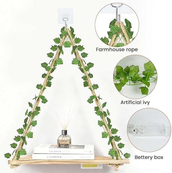 RICHER HOUSE Floating Shelves for Wall, Set of 2 Macrame Hanging Shelf with Artificial Ivy & LED Lights, Boho Room Decor for Bedroom Living Room