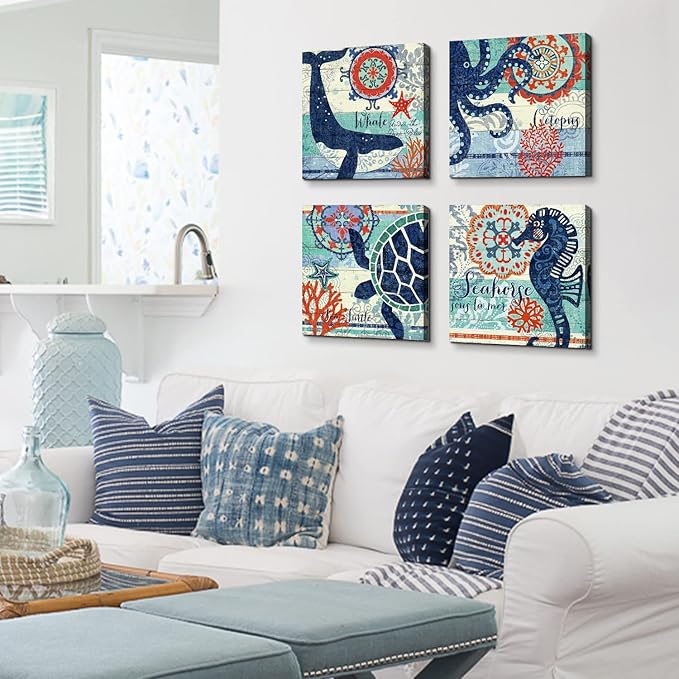 Nautical Wall Art Boho Bathroom Decor Navy Blue Beach Themed Sea Turtle Octopus Whale Canvas Pictures Coastal Artwork Vintage Nautical Ocean Animal Posters Nursery Kitchen Home Decoration 16x16" 4 Pcs