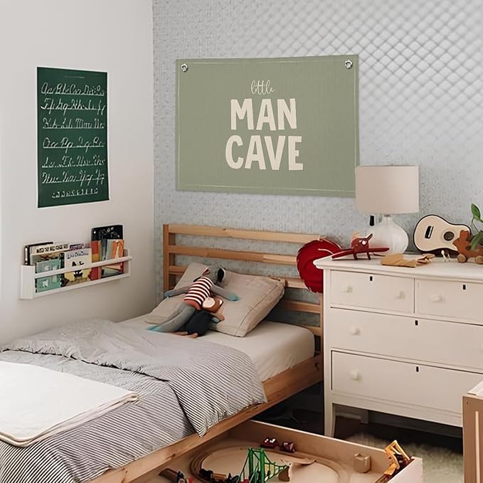 Little Man Cave Banner, Boys Room Decor, Sage Green Linen Canvas Banner Wall Hanging Flag Decor for Toddler Boy Nursery Playroom