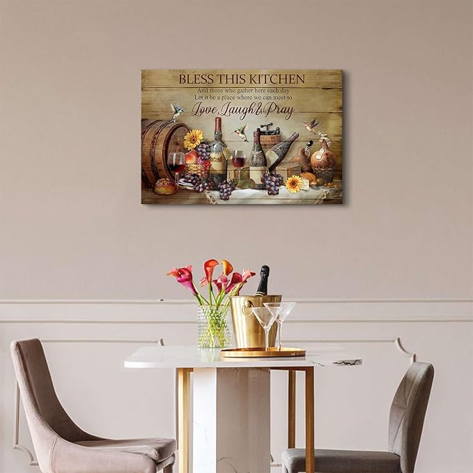 Rustic Kitchen Wall Art Farmhouse Dining Room Decor Wine Wineglass Wall Decor Positive Quotes Picture Canvas Prints Bless This Kitchen Poster Inspirational Painting Artwork Home Decoration 16x24"