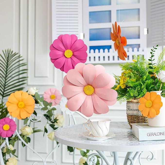 SUNBEAUTY Daisy Paper Flowers Party Decorations, Party Flower Decorations, Orange Yellow Flowers Wall Hanging, 1st Birthday Bridal Baby Shower Wedding Classroom Tea Party Daisy Décor