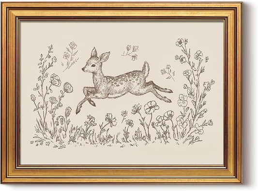 InSimSea Gold Framed Canvas Prints Wall Art, Vintage Nursery Decor, Deer in the Flowers Animal Line Paintings Wall Decor Aesthetic, Neutral Pictures for Bedroom Living Room Shelf, 12x16inch