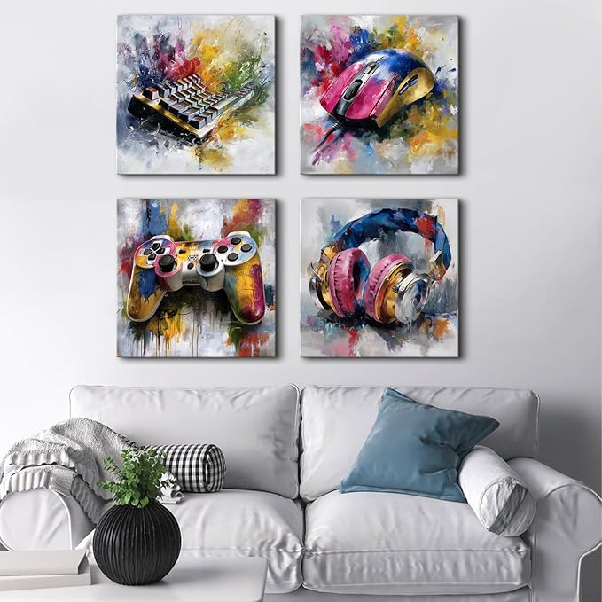 Large Gaming Wall Decor Colorful Gamer Canvas Art Pictures Watercolor Game Controller Headset Keyboard Mouse Paintings Posters Abstract Games Room Decorations for Teens Boys Bedroom Playroom 20x20”