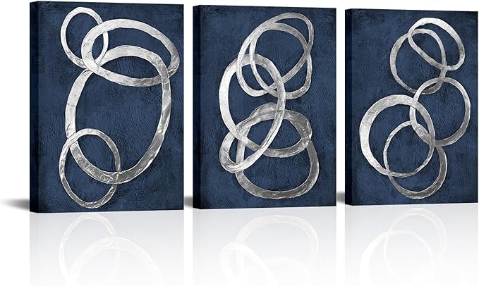 iKNOW FOTO Set of 3 Modern Abstract Blue and Silver Circle Canvas Prints Contemporary Artwork Painting for Bedroom and Bathroom Stretched Canvas Ready to Hang Each Panel 12x16 inches
