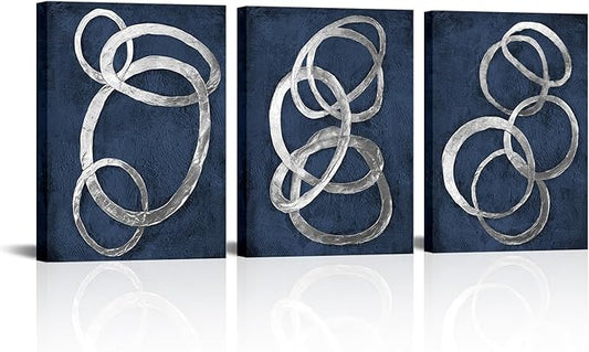 iKNOW FOTO Set of 3 Modern Abstract Blue and Silver Circle Canvas Prints Contemporary Artwork Painting for Bedroom and Bathroom Stretched Canvas Ready to Hang Each Panel 12x16 inches