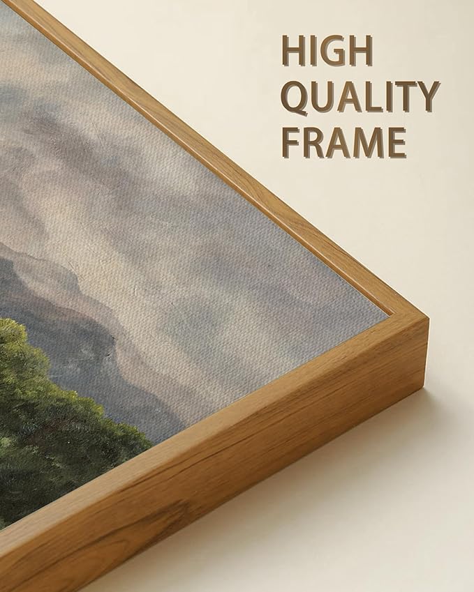 SHENIFY 20x40in Extra Large Vintage Framed Wall Art Prairie and Mountain Landscape Painting Retro Meadow Scenery Farmhouse Bedroom Above of Bed Living Room Decor - Natural Framed