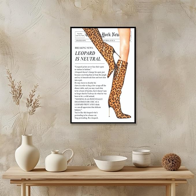 Trendy Newspaper Posters Vintage Leopard Boots Poster Feminist Canvas Prints Retro Fashion Bar Cart Magazine Cover Wall Art for Hot Girl Preppy Y2k Aesthetic Room Home Decor 16x24inch black framed