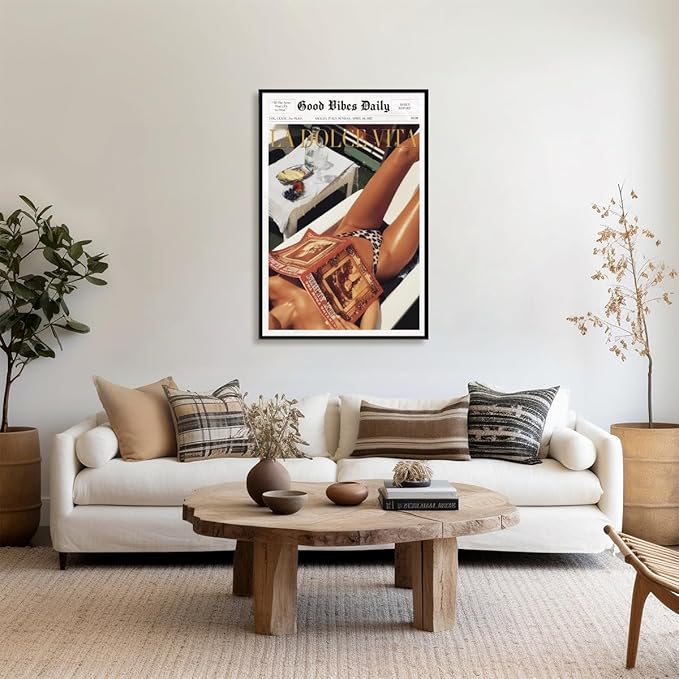 Trendy Newspaper Posters Vintage Good Vibes Daily Wall Art 60s La Dolce Vita Poster Beach Vibe Funky Aesthetic Retro Trippy Art Canvas Prints for Cool Girl Room Home Dorm Decor 16x24inch black framed