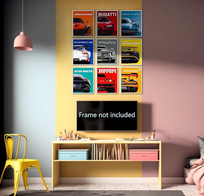 CSLGQGV Car Poster Vintage Racing Car Wall Art Supercar Canvas Prints Painting For Men Room Pictures Guys Dorm Room Aesthetics Decor Bedroom Office (Unframed,8×10inch,9pcs) Colorful car
