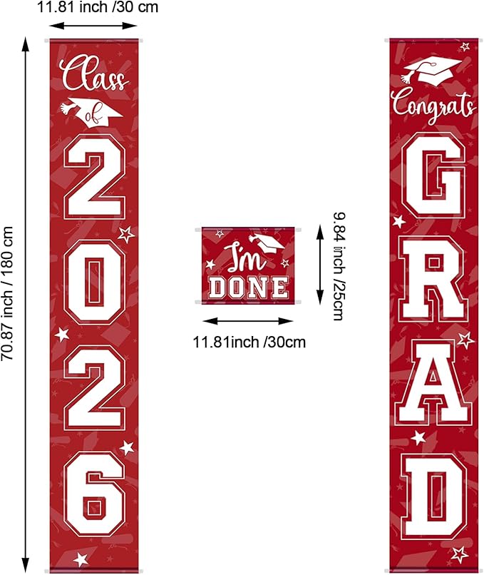 Moukeren 3 Pieces 2026 Graduation Party Decorations Graduation Porch Sign Class of 2026 Grad Hanging Porch Banner Backdrop Door Sign for Grad Party Home Door Wall Decor(Red)