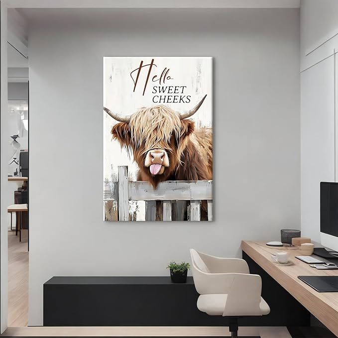 Large Funny Highland Cow Canvas Wall Art for Living Room Kitchen, Hello Sweet Cheeks Bathroom Decor Western Picture Prints Painting Rustic Farmhouse Prints Framed Artwork Home Decorations 32x48"