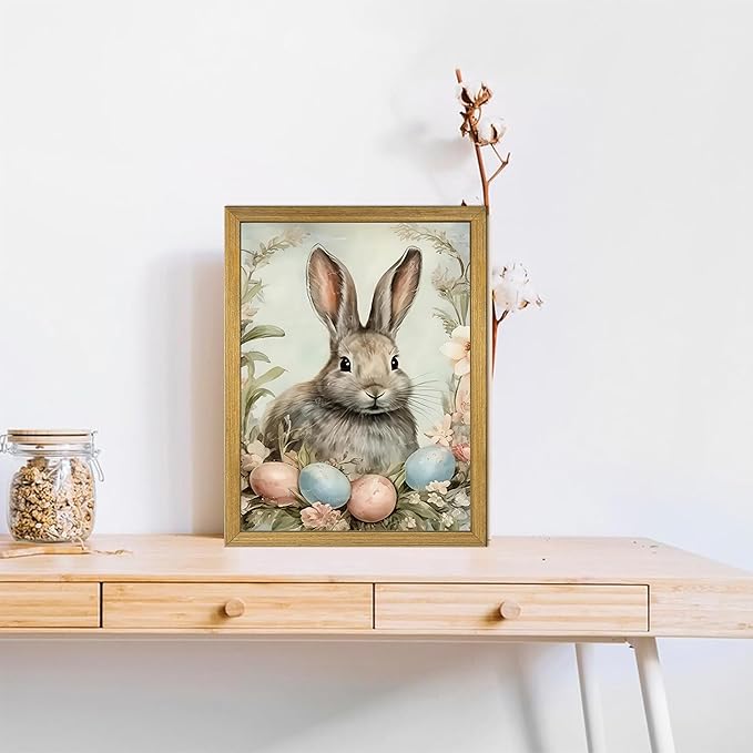 Easter Bunny Wall Art, Vintage Rabbit Canvas Wall Decor, Easter Eggs Poster Print Picture, Spring Farmhouse Animal Painting for Living Room Bedroom Kitchen Holiday Home Decor 12x16 Inch Wood Framed