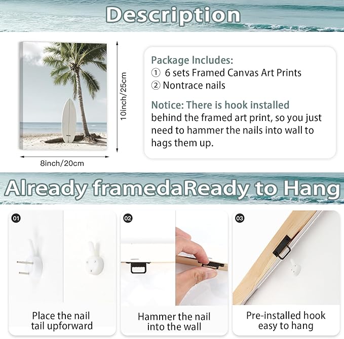 CHDITB Beach Canvas Wall Art, Coastal Palm Tree Surfboard Wall Decor, Ocean Wave Seagull Artwork, Minimalist Surfing Pictures, Tropical Beach Prints for Bathroom Living Room seaside Bedroom 8”x10”x6