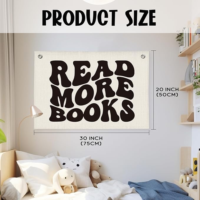 Reading Nook Decor Classroom Banner - Kids Room Decor, Reading Party Decorations, Kids Library Wall Hanging, Read More Books Linen Canvas Banner Flag for Nursery Playroom Homeschool 20x30