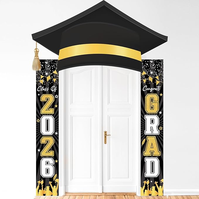 3Pcs Graduation Cap Door Banner 2026 Graduation Door Decoration Class of 2026 Porch Sign Congrat Grad Hanging Banner Decor Grad Party Indoor Outdoor Wall Decor Photo Prop Supplies Black Gold