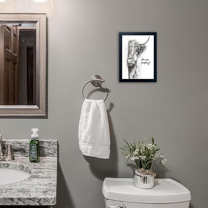 Gongyuanyihao Arts Funny Highland Cow Bathroom Wall Art with Black Frame, Are You Pooping Sign for Farmhouse Restroom Decor, Rustic Humorous Canvas Print Painting Ready to Hang 12"x16"