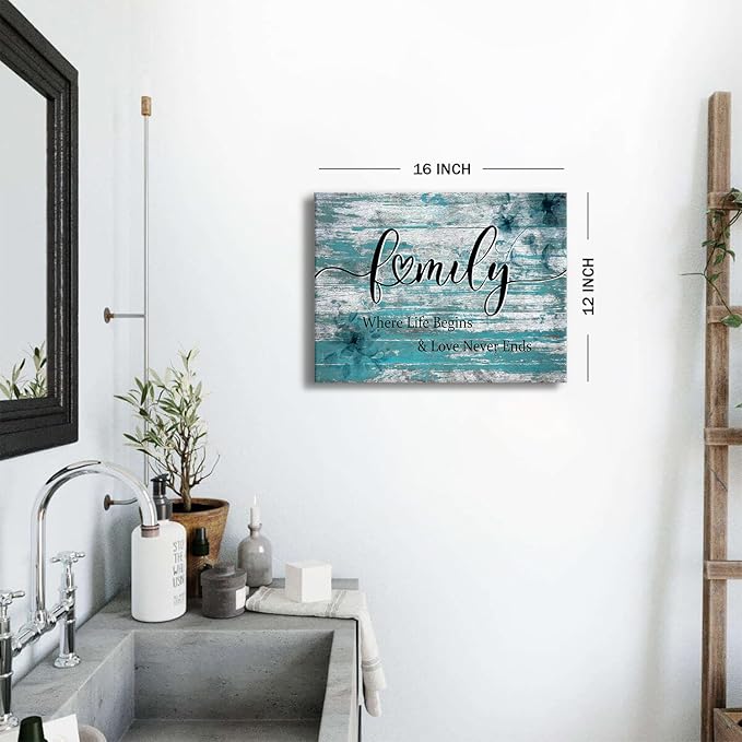 Family Wall Decor Teal Bathroom Decor for Living Room Dining Room Rustic Family Signs for Home Decor Wall Turquoise Inspirational Quotes Canvas Prints Farmhouse Painting Artwork Home Decoration 12x16"