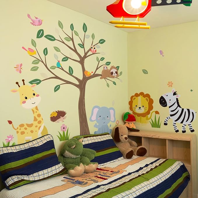 Large Jungle Animals Tree Wall Decals Safari Animals Climbing Trees Wall Stickers Elephant Giraffe Lion Sloth Wall Stickers for Baby Nursery Kids Room Playroom Classroom 90.94" x 62.59"