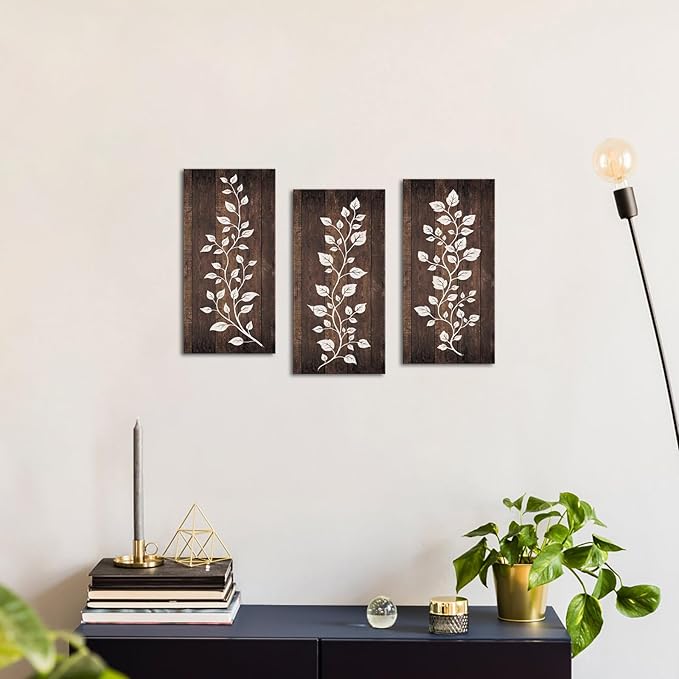 HOMEOART Rustic Brown Leaf Print Farmhouse Kitchen Wall Decor Leaf Decor Picture Botanical Art Bathroom Bedroom Living Room Dining Room Decoration, Framed 8x16inchx3Pieces