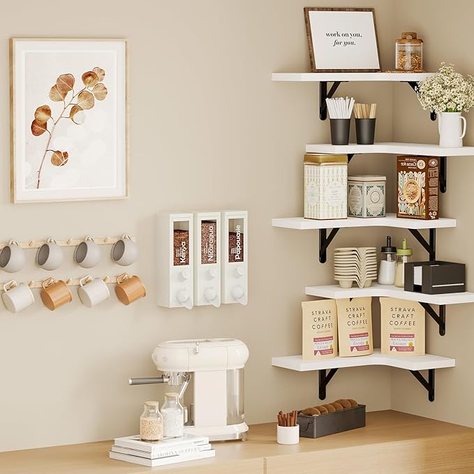 Fixwal Floating Shelves for Wall, Rustic Wood Wall Mounted Corner Shelf for Bathroom, Kitchen, Bedroom, Home Decor, Laundry Room, Living Room, Set of 5 (White)