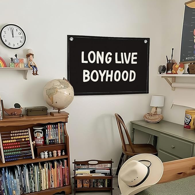 Lacama Long Live Boyhood Banner,Boy Nursery Decor,Black Canvas Banner Wall Hanging Banner Flag Decor for Nursery Playroom Toddler Room, Boys Kids Room Decor 30x20 Inch