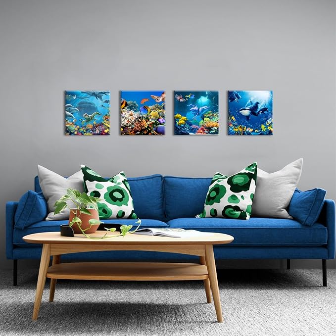 Beach Wall Art Bathroom Decor Ocean Animals Canvas Prints Sea Turtle Dolphin Picture for Living Room Kids Bedroom Colorful Coastal Seascape Artwork Nautical Theme Painting Home Decorations 16x16” 4Pcs