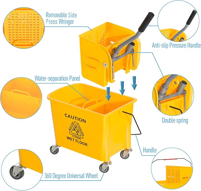 HOMCOM Compact Mop Bucket with Wringer on Wheels for Floor Cleaning, 21 Quart, Separate Dirty and Clean Water, for Home, Apartment, Yellow